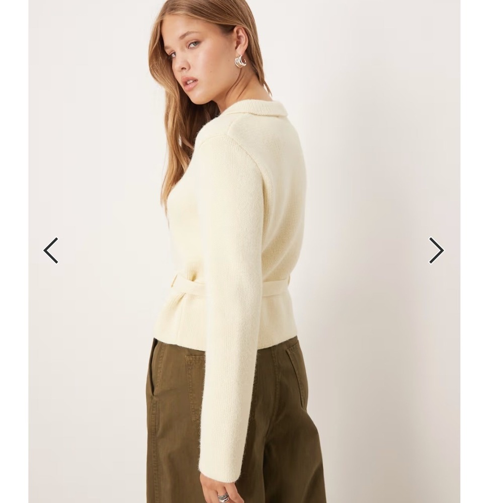 Mango MNG Cream Zip Up Belted Cardigan Sweater Collared Ribbed Knit Womens Small - Picture 3 of 8